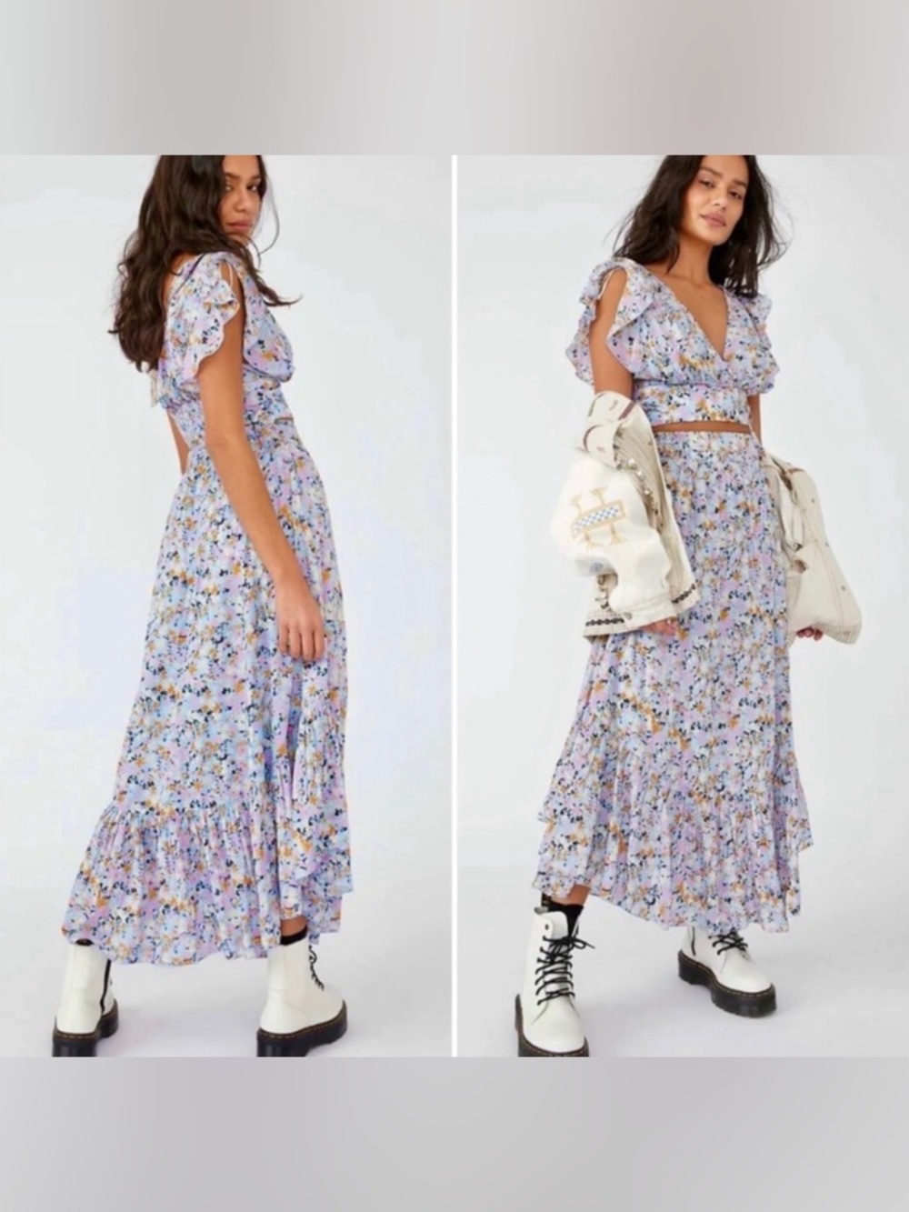 Free People Pretty Daze Floral Crop Top & Midi Skirt Large